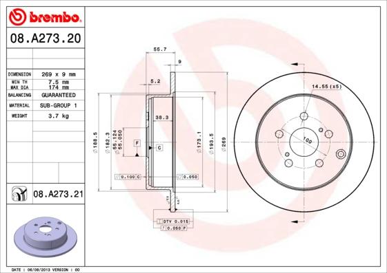 Brembo 08.A273.21 - Спирачен диск vvparts.bg