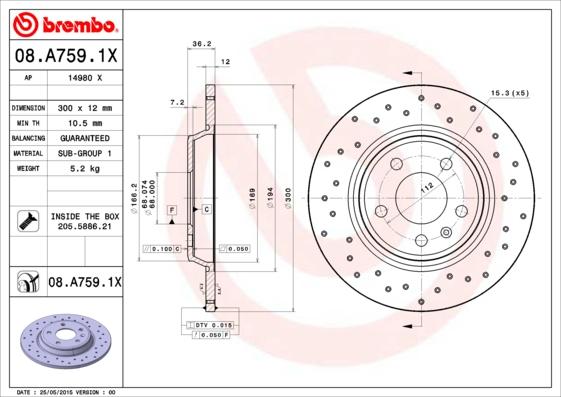 Brembo 08.A759.1X - Спирачен диск vvparts.bg