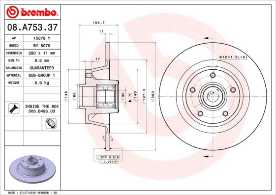 Brembo 08.A753.37 - Спирачен диск vvparts.bg