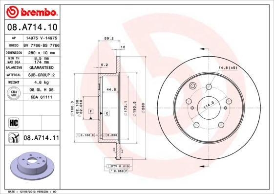 Brembo 08.A714.10 - Спирачен диск vvparts.bg