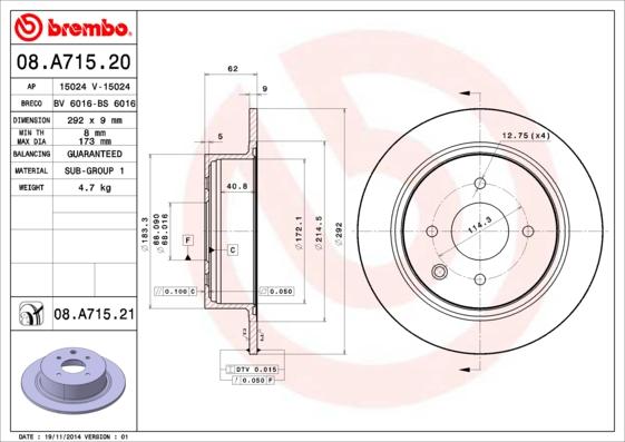 Brembo 08.A715.21 - Спирачен диск vvparts.bg