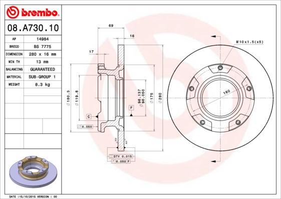 Brembo 08.A730.10 - Спирачен диск vvparts.bg