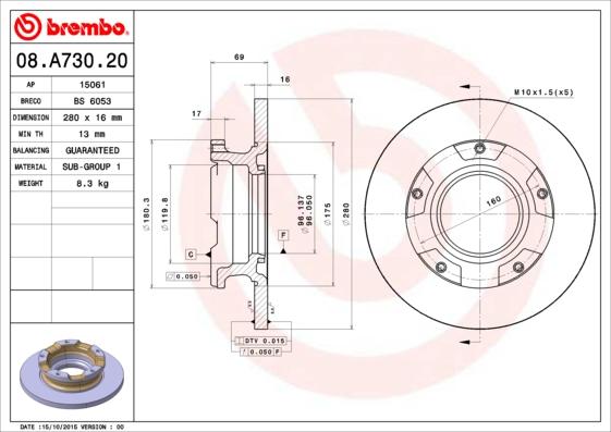 Brembo 08.A730.20 - Спирачен диск vvparts.bg