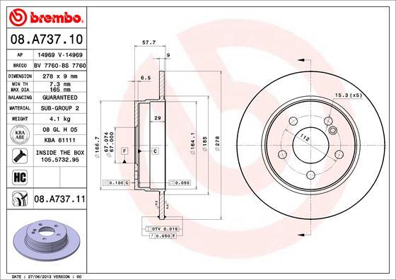 Brembo 08.A737.11 - Спирачен диск vvparts.bg