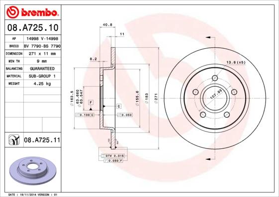 Brembo 08.A725.11 - Спирачен диск vvparts.bg