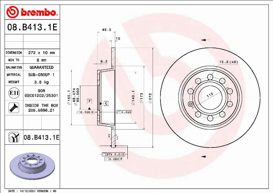 Brembo 08.B413.1E - Спирачен диск vvparts.bg