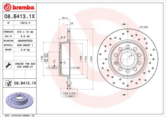 Brembo 08.B413.1X - Спирачен диск vvparts.bg