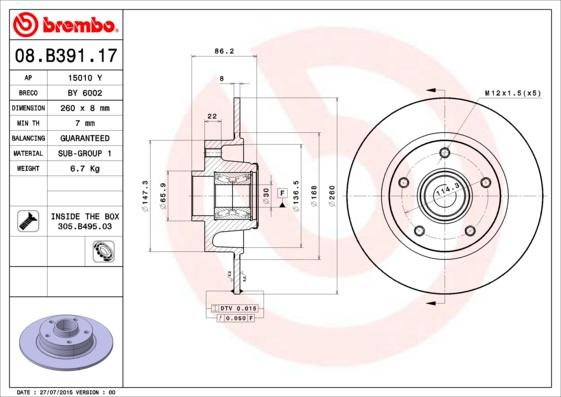 Brembo 08.B391.17 - Спирачен диск vvparts.bg