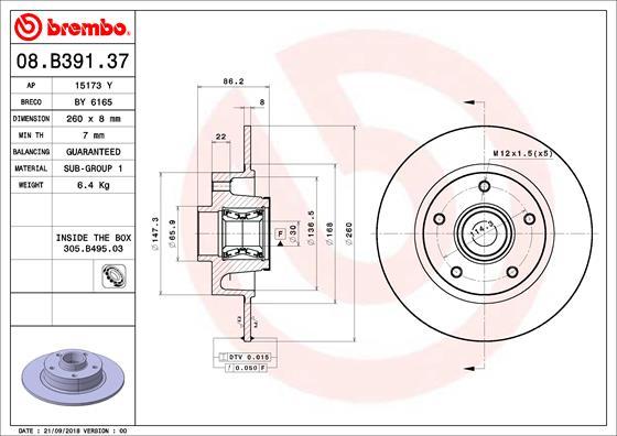 Brembo 08.B391.37 - Спирачен диск vvparts.bg