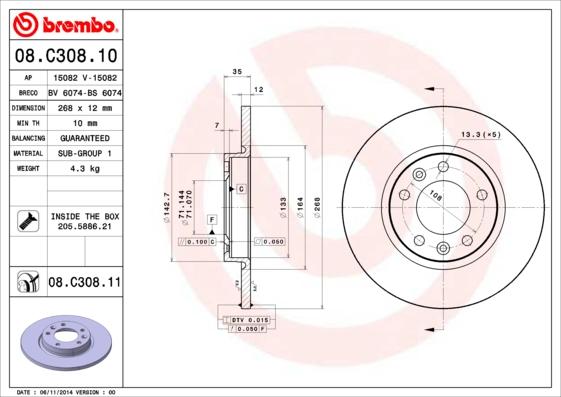 Brembo 08.C308.10 - Спирачен диск vvparts.bg