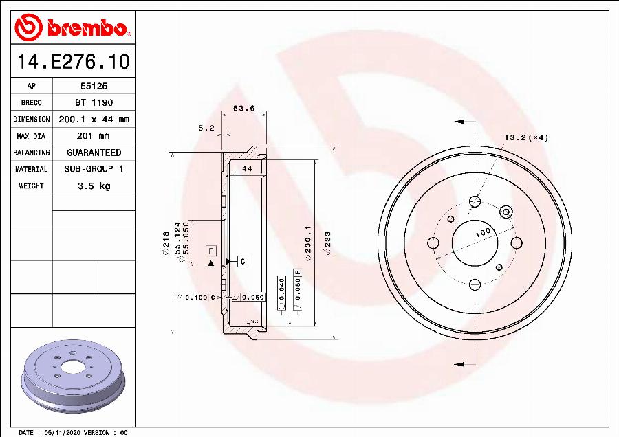 Brembo 14.E276.10 - Спирачен барабан vvparts.bg