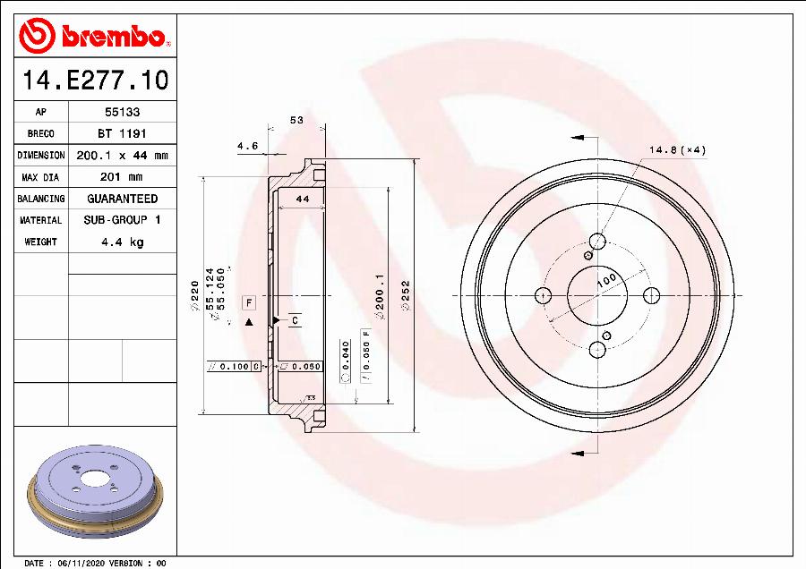 Brembo 14.E277.10 - Спирачен барабан vvparts.bg