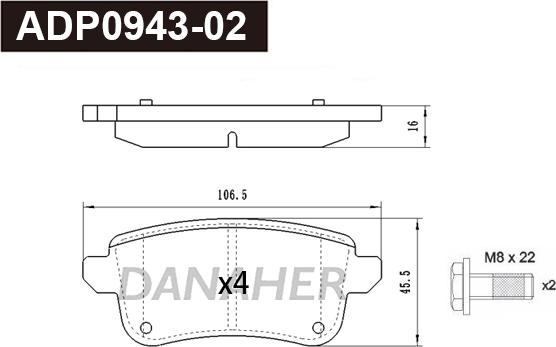 Danaher ADP0943-02 - Комплект спирачно феродо, дискови спирачки vvparts.bg