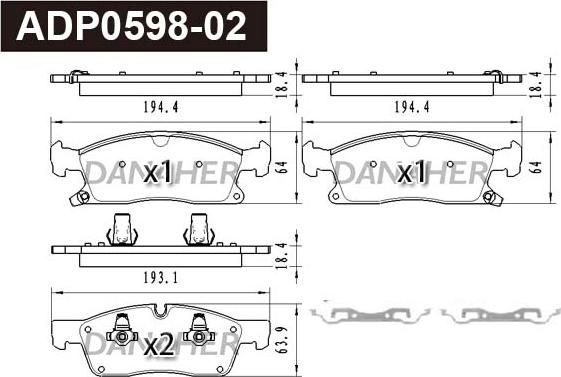 Danaher ADP0598-02 - Комплект спирачно феродо, дискови спирачки vvparts.bg