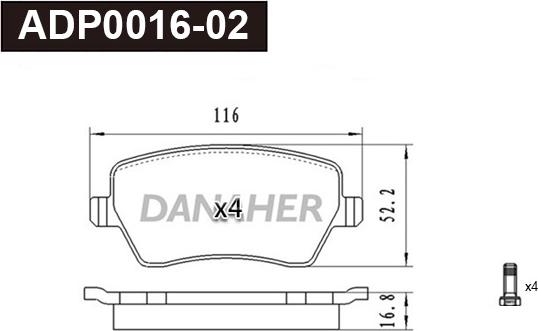 Danaher ADP0016-02 - Комплект спирачно феродо, дискови спирачки vvparts.bg