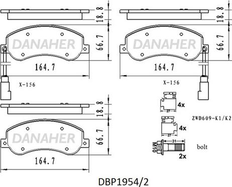 Danaher DBP1954/2 - Комплект спирачно феродо, дискови спирачки vvparts.bg