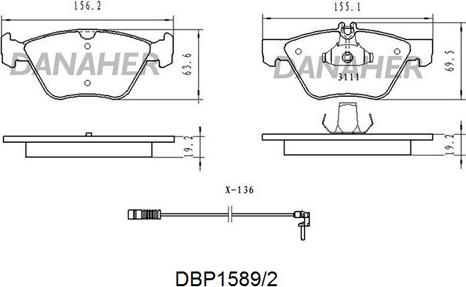 Danaher DBP1589/2 - Комплект спирачно феродо, дискови спирачки vvparts.bg