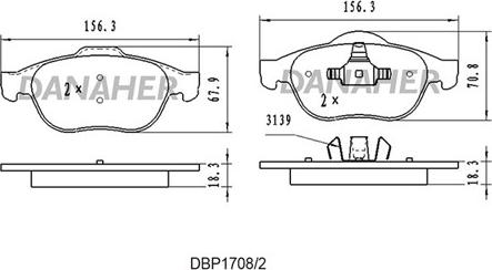 Danaher DBP1708/2 - Комплект спирачно феродо, дискови спирачки vvparts.bg
