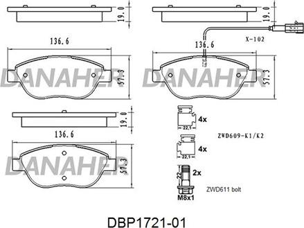 Danaher DBP1721-01 - Комплект спирачно феродо, дискови спирачки vvparts.bg