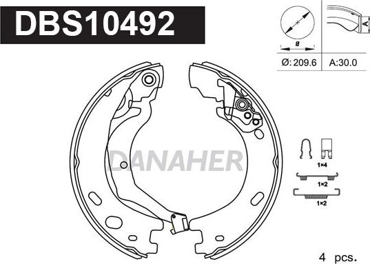 Danaher DBS10492 - Комплект спирачна челюст, ръчна спирачка vvparts.bg