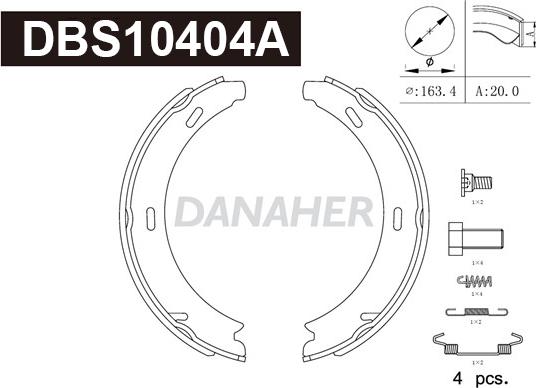 Danaher DBS10404A - Комплект спирачна челюст, ръчна спирачка vvparts.bg