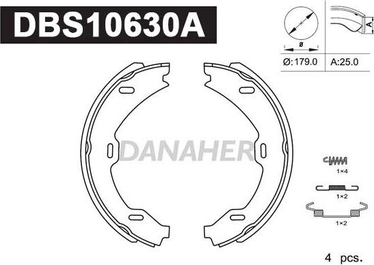 Danaher DBS10630A - Комплект спирачна челюст, ръчна спирачка vvparts.bg