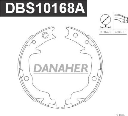 Danaher DBS10168A - Комплект спирачна челюст, ръчна спирачка vvparts.bg
