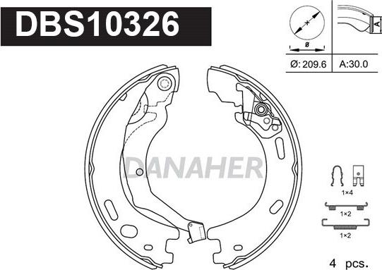 Danaher DBS10326 - Комплект спирачна челюст, ръчна спирачка vvparts.bg