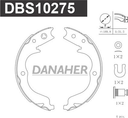 Danaher DBS10275 - Комплект спирачна челюст, ръчна спирачка vvparts.bg