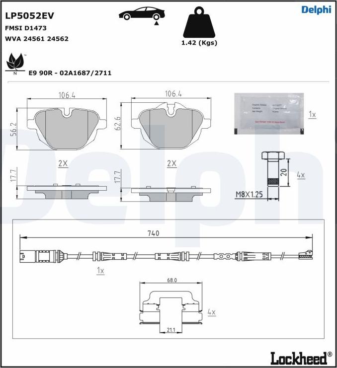 Delphi LP5052EV - Комплект спирачно феродо, дискови спирачки vvparts.bg