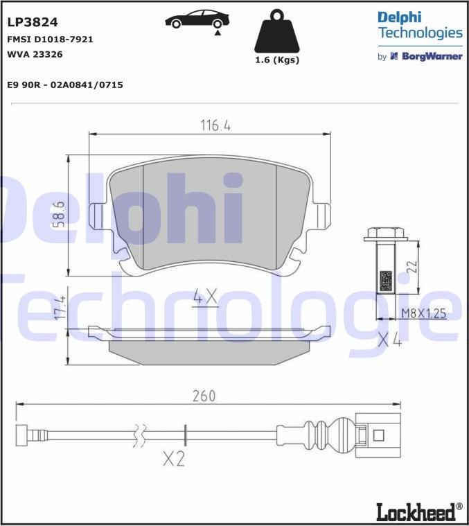 Delphi LP3824 - Комплект спирачно феродо, дискови спирачки vvparts.bg