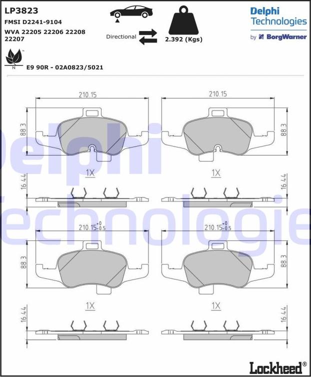 Delphi LP3823 - Комплект спирачно феродо, дискови спирачки vvparts.bg