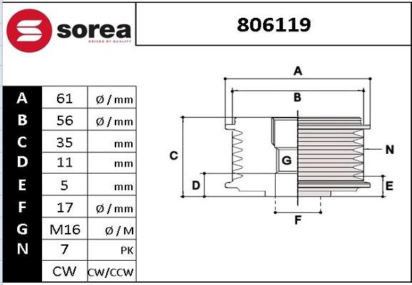 EAI 806119 - Ремъчна шайба, генератор vvparts.bg