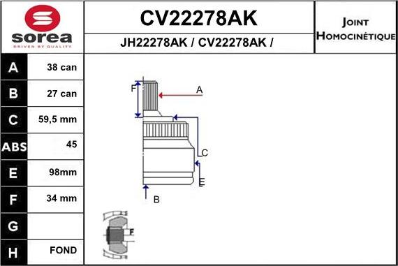 EAI CV22278AK - Каре комплект, полуоска vvparts.bg