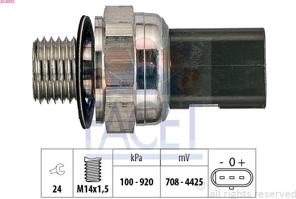 FACET 25.0003 - Датчик, налягане на маслото vvparts.bg