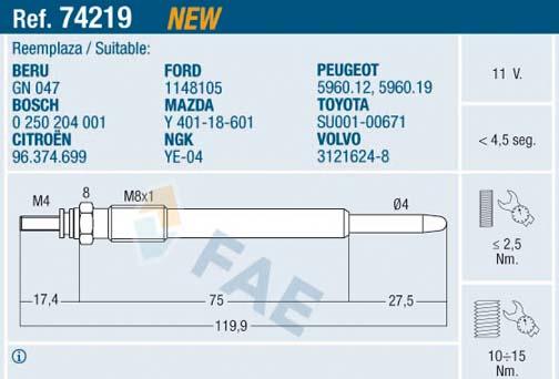 FAE 74219 - Подгревна свещ vvparts.bg