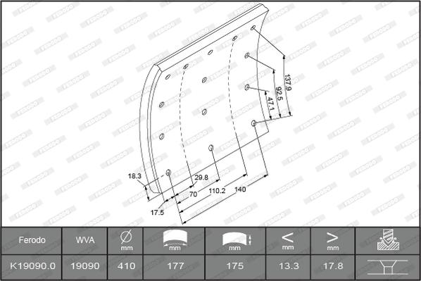 Ferodo K19090.0-F3526 - Комплект феродо за накладки, барабанни спирачки vvparts.bg