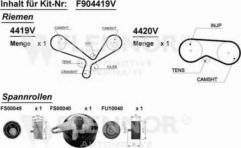 Flennor F904419V - Комплект ангренажен ремък vvparts.bg