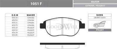 GoodWill 1051 F - Комплект спирачно феродо, дискови спирачки vvparts.bg