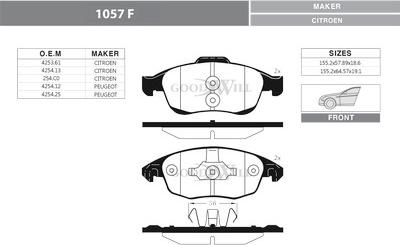 GoodWill 1057 F - Комплект спирачно феродо, дискови спирачки vvparts.bg