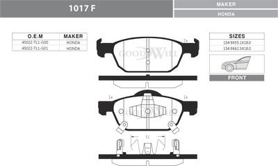 GoodWill 1017 F - Комплект спирачно феродо, дискови спирачки vvparts.bg