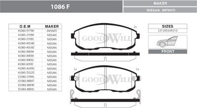 GoodWill 1086 F - Комплект спирачно феродо, дискови спирачки vvparts.bg