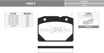 GoodWill 1080 F - Комплект спирачно феродо, дискови спирачки vvparts.bg