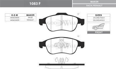 GoodWill 1083 F - Комплект спирачно феродо, дискови спирачки vvparts.bg