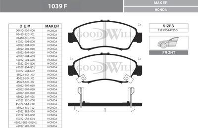 GoodWill 1039 F - Комплект спирачно феродо, дискови спирачки vvparts.bg