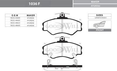 GoodWill 1036 F - Комплект спирачно феродо, дискови спирачки vvparts.bg