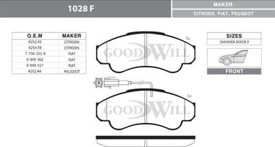 GoodWill 1028 F - Комплект спирачно феродо, дискови спирачки vvparts.bg