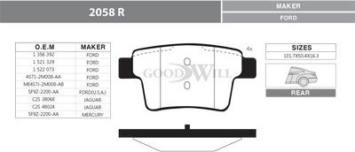 GoodWill 2058 R - Комплект спирачно феродо, дискови спирачки vvparts.bg