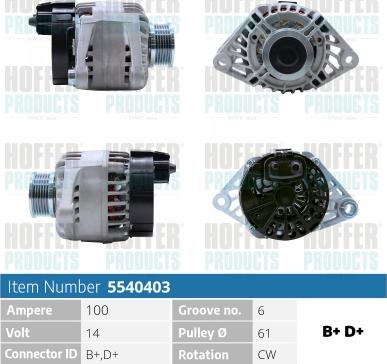 Hoffer H5540403 - Генератор vvparts.bg