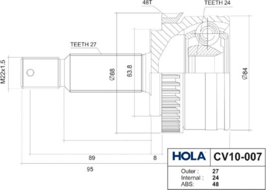 Hola CV10007 - Каре комплект, полуоска vvparts.bg